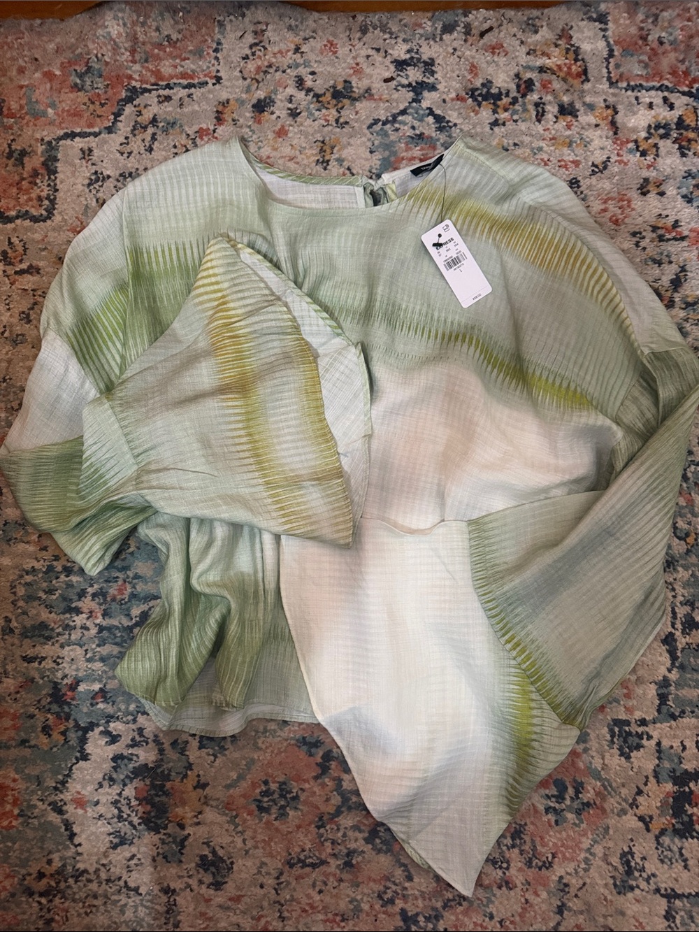 Express Light Green Ombre Pleated Blouse with Bell Sleeves